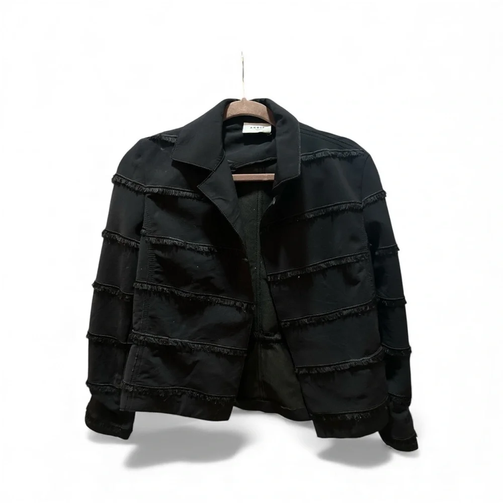 AKRIS PUNTO Fringe Trim Stripe Evening Blazer Work Tassel Jacket